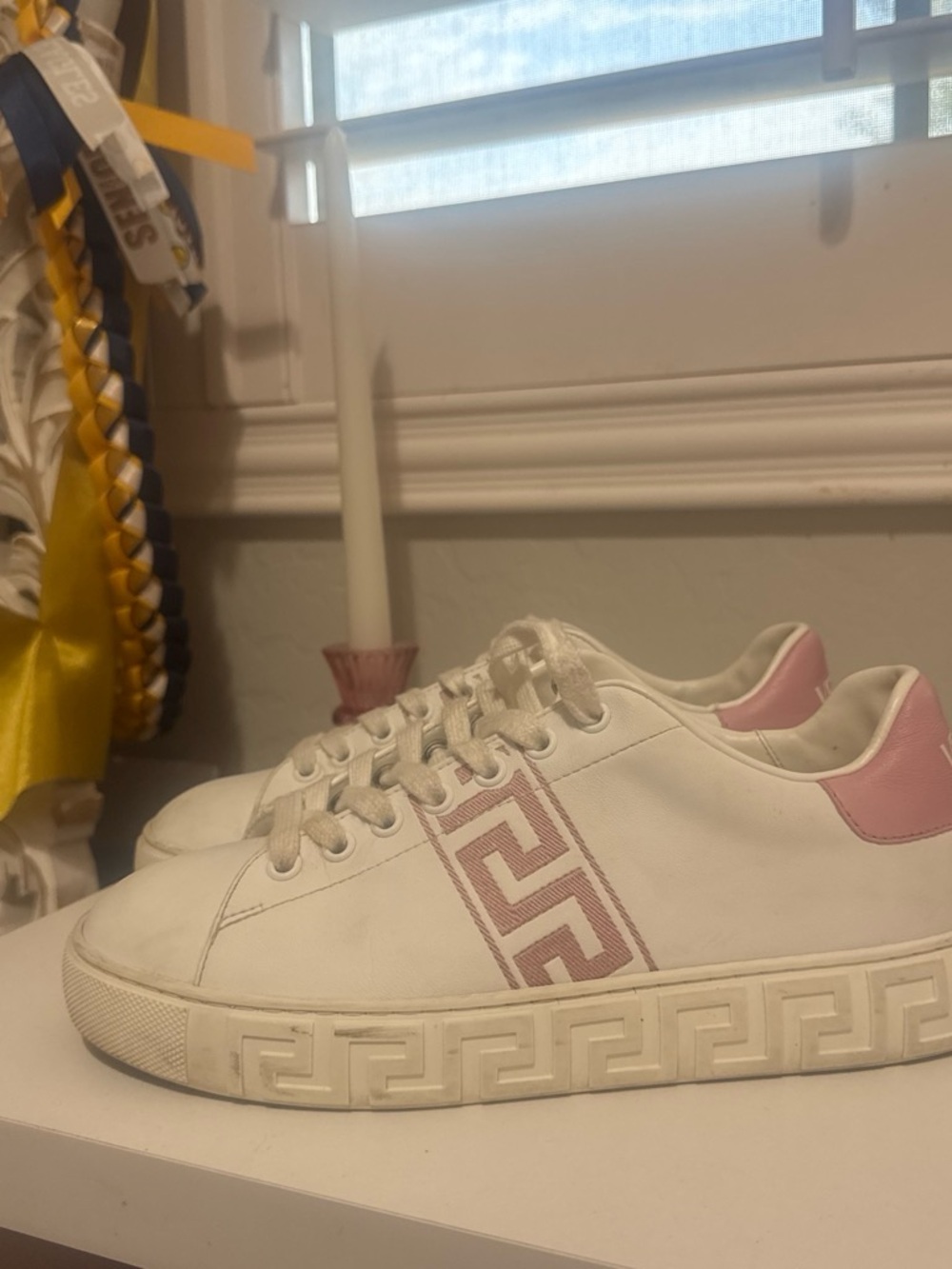 Versace Women’s White and Pink Leather Casual Sneakers